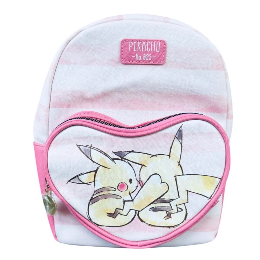 Pikachu No. 025 Pink & White Striped Heart-Shaped Zipper Backpack